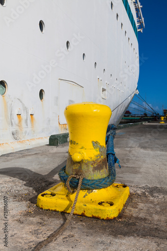 Rope securing cruise ship at port, Nassau, Bahamas