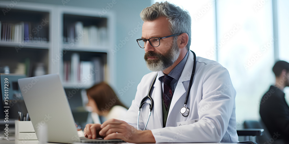 An expert physician sitting at his desk in a sleek, contemporary office space. The doctor is engrossed in their work, looking at the medical data on his laptop. Generative AI An expert physician sitting at his desk in a sleek, contemporary office space. The doctor is engrossed in their work, looking at the medical data on his laptop. Generative AI