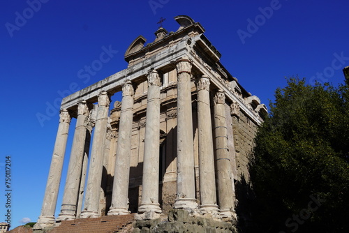 Ruins of the temple of the Roman emperor Antoninus Pius and his wife Annia Faustina, and the Christian church of San Lorenzo in Miranda, in the forum of Rome, in Italy