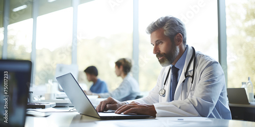 An expert physician sitting at his desk in a sleek, contemporary office space. The doctor is engrossed in their work, looking at the medical data on his laptop. Generative AI