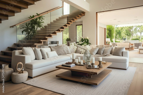 Inviting living room setup with beige stairs and a wooden coffee table for cozy gatherings.