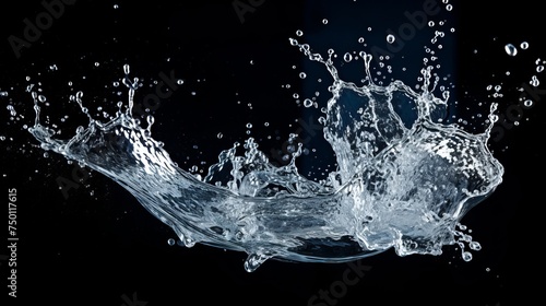 A dramatic water splash contrasts boldly against a black background.