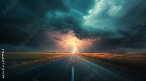 Dramatic Thunderstorm Over Rural Road. Intense lightning strikes illuminating the dark, stormy sky above a serene countryside road