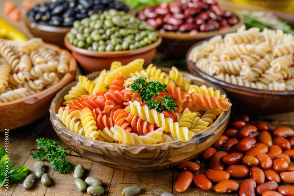 Colorful gluten-free fusilli pasta and assorted beans, perfect for a nutritious diet