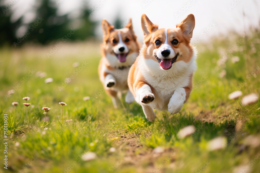 Two welsh corgi racing on meadow running towards camera.