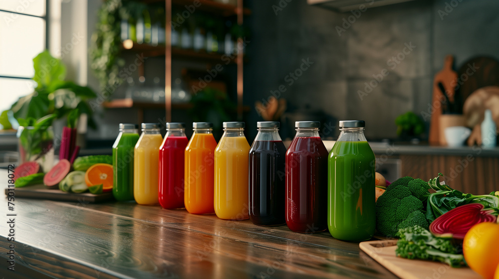 Variety of Cold-Pressed Juice Bottles on Kitchen Counter
Variety of Cold-Pressed Juice Bottles on Kitchen Counter