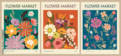 Set of Abstract Flower Market posters. Trendy botanical wall arts with floral design in bright vivid colors. Modern naive groovy funky interior decorations, paintings. Vector art illustrations. 
