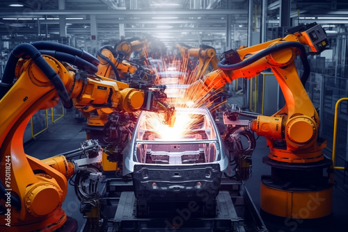 Robots in workshop of automobile plant. Automotive robotic factory. Welding Robot, assembly line production cars Manufacture. Robotic line conveyor. Robotic Welding Manufacture. Car assembly plant