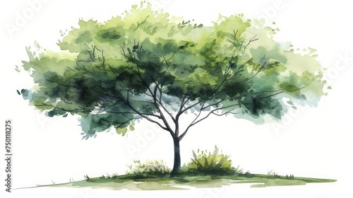 Green Tree Side View in Watercolor for Landscape Design Generative AI