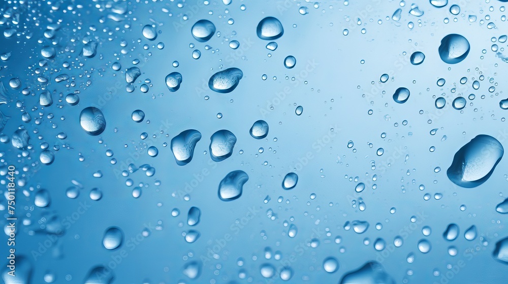 A fresh aesthetic is achieved with water drops glistening on a blue surface.