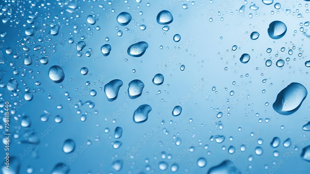 A fresh aesthetic is achieved with water drops glistening on a blue surface. A fresh aesthetic is achieved with water drops glistening on a blue surface.
