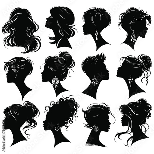 Vintage Barber Shop Logos: Stylish Vector Hairstyles of woman for Your Design.	