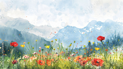 Fototapeta Naklejka Na Ścianę i Meble -  Watercolor summer landscape with wildflowers and mountains. Digital watercolor painting. 