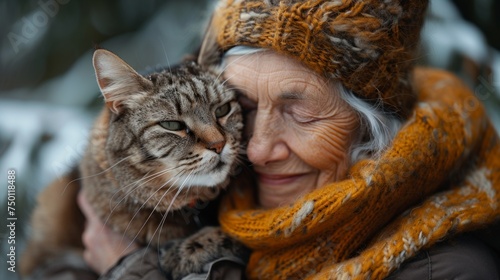 Elderly Woman Sharing a Heartfelt Moment with Her Cat Generative AI