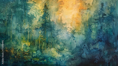 Abstract Watercolor Interpretation of Forest with Layered Hues Generative AI