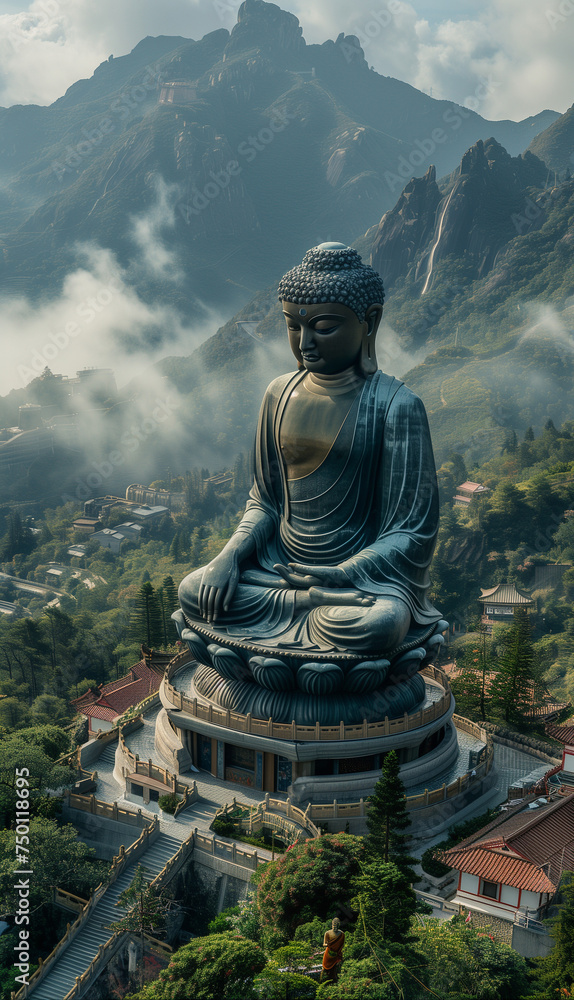 Large Buddha statue overlooking a valley concept Large Buddha statue overlooking a valley concept