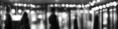 Abstract colorful mall illustration in black and white, blurred bokeh background for social media banner, website and for your design, space for text.