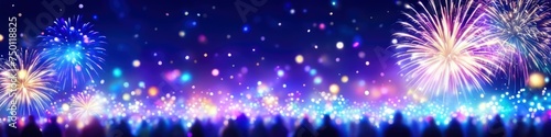 Abstract colorful illustration of spectators watching fireworks  blurry bokeh background for social media banner  website and for your design  space for text.