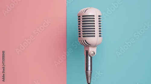 A classic vintage style microphone against a split pink and blue pastel background, representing retro music themes photo