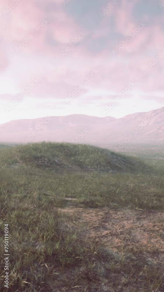 A grassy field with mountains in the background A grassy field with mountains in the background