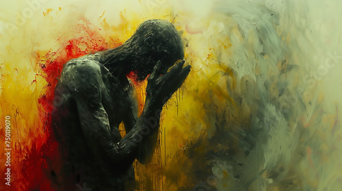 Tableau de la dépression ou de la mélancolie maladive : trouble psychiatrique représenté sous la forme d'une silhouette fondant en pleurs sur fond jaune photo