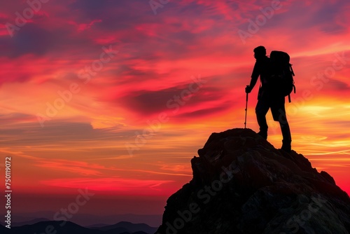  The mountaineer is on the summit contemplating the landscape. man standing on top of a mountain with a backpack on his back and a sunset in the background behind him  with a red sky and orange clouds