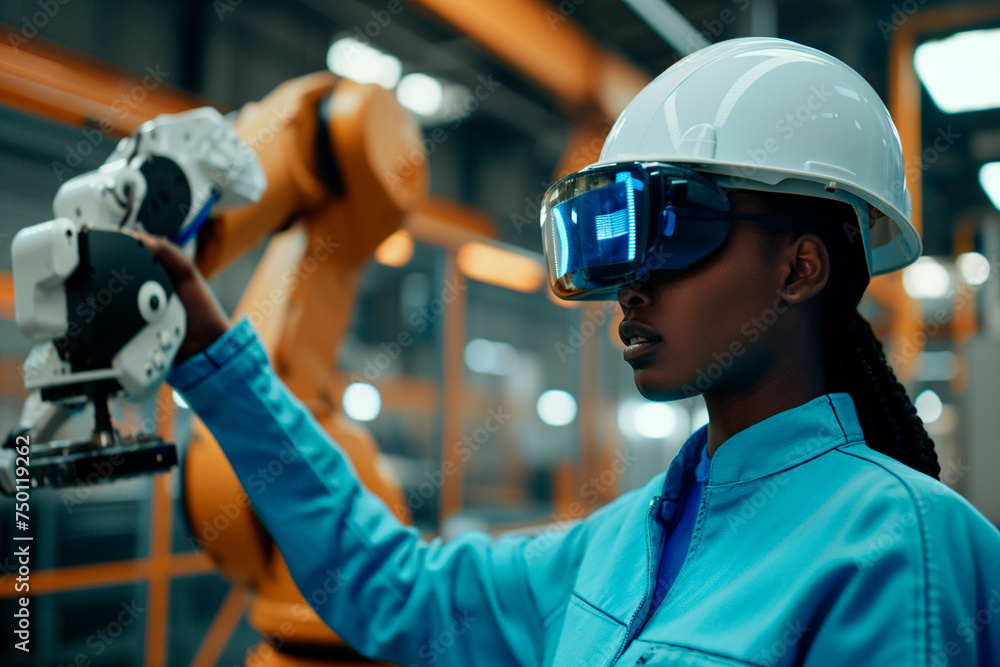 An African American young woman engineer, wearing a protective helmet and goggles, checks the operation of an automated robotic arm on a factory assembly line. An African American young woman engineer, wearing a protective helmet and goggles, checks the operation of an automated robotic arm on a factory assembly line.