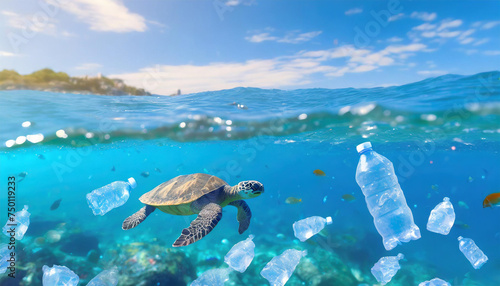 green sea turtle swimming with plastic bottles. Concept of pollution. Generative AI