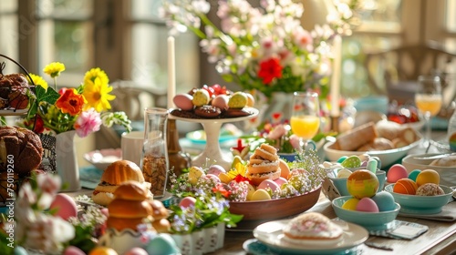 A beautifully set Easter brunch table with colorful Easter eggs  fresh flowers  and a delicious spread of festive dishes