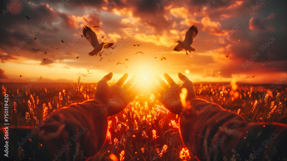 Fototapeta premium Peaceful Release, A Hand Opening to Freedom, The Essence of Hope and Faith at Sunset