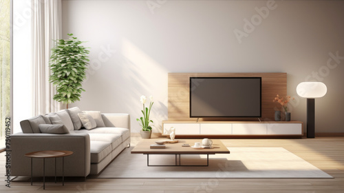 A modern living room with a grey sofa  a wall-mounted smart TV  and a voice-controlled speaker
