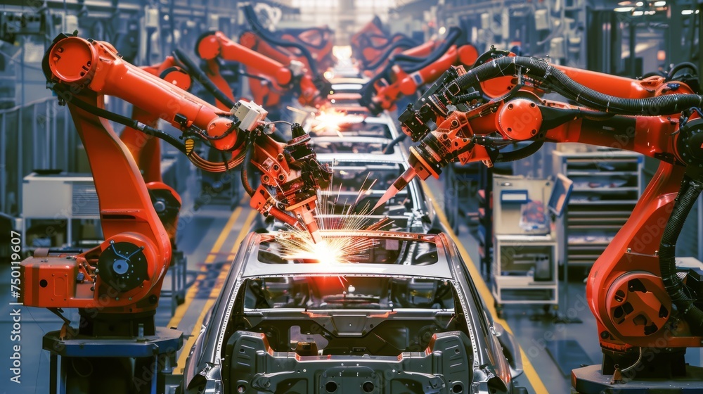 Automated robots on assembly line working on cars in factory setting
