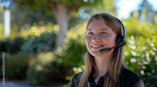 A woman wearing a headset smiles directly at the camera, showing a friendly expression and positive demeanor