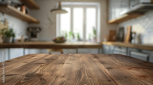 A wooden table top in a kitchen bathed in natural light from a nearby window