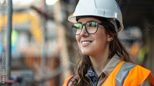 Female worker wearing protective safety glasses and a hard hat on a job site photo