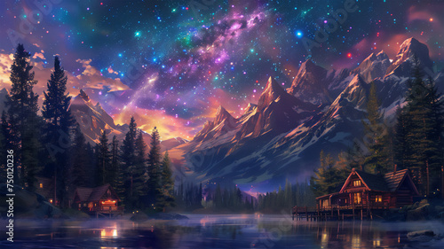 Milky way view over pines, snow-capped mountains and a village of log cabins by a lake, bright colors, luminescent. Generative AI © Yuriy Maslov