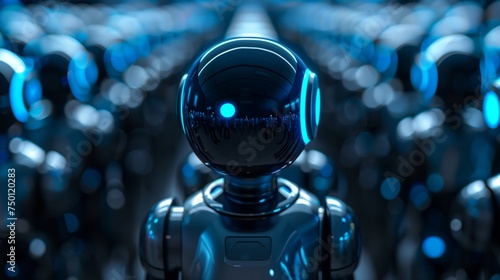 Many industrial robots standing in line. Blurry background. AI replaces people's jobs concept.