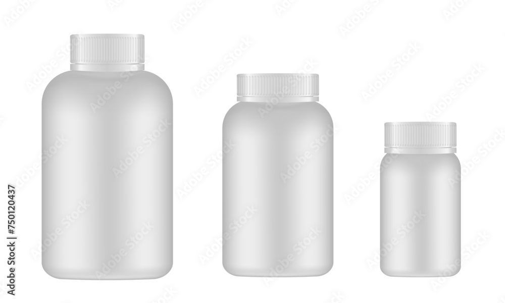 Set of big, medium and small medical pill bottles. White jar with lid. Plastic medicine container. 3d mockup of a packaging for pharmacy
Set of big, medium and small medical pill bottles. White jar with lid. Plastic medicine container. 3d mockup of a packaging for pharmacy