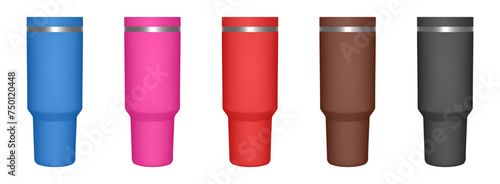 Thermo cup with lid. 3d mockup of a travel tumbler. Set of blue, pink, red, brown and black mugs. Thermos template	