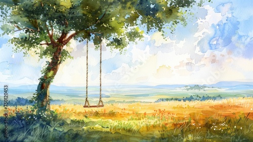 Summer Meadow Idylle with Tree Swing Hand Painted Watercolor Illustration Generative AI