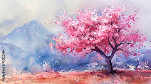 Cherry Blossom Tree Watercolor Illustration Generative AI