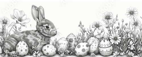 Monochrome drawing bunnies with blooming flowers and decorative egg