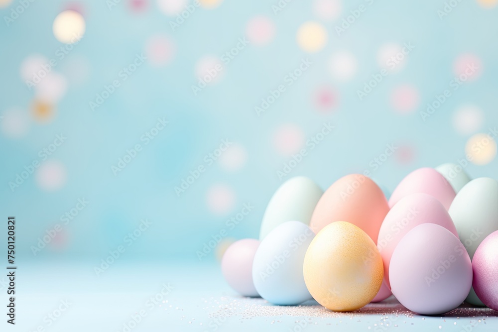 Pastel Easter Eggs with Glitter and Bokeh on a Blue Background Pastel Easter Eggs with Glitter and Bokeh on a Blue Background