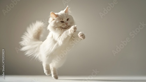 White Cat Jumping in Soft and Airy Composition - A white cat is captured in mid-air showcasing its playful and agile nature in a soft and airy composition reminiscent of object portraiture and celebri photo