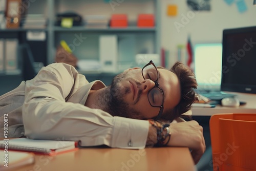 Young Man Sleeping at Office Desk in Modern Workplace - A depiction of a young man in a corporate office setting sleeping on his desk with glasses on photo