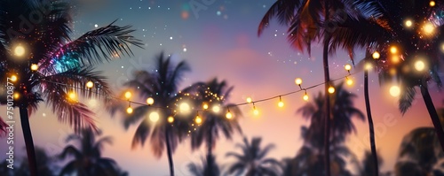 Festive palm trees adorned with Christmas lights against night sky backdrop. Concept Holiday Decorations, Night Photography, Christmas Lights, Festive Palm Trees, Winter Night Sky