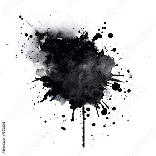 Black watercolor splash, watercolor brush stroke hand paint isolated on transparent png.
