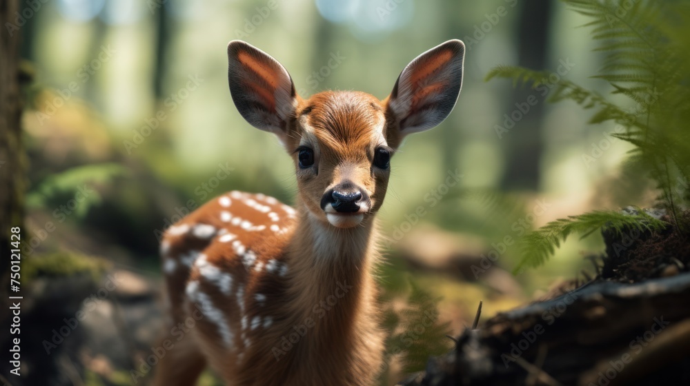 Innocence captured: a young deer stands gracefully in the green woodland, its brown coat blending with the summer foliage. Innocence captured: a young deer stands gracefully in the green woodland, its brown coat blending with the summer foliage.