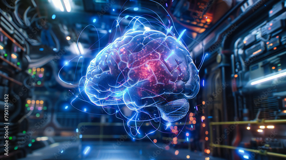 Futuristic technology concept with digital human brain, blue artificial intelligence and science design Futuristic technology concept with digital human brain, blue artificial intelligence and science design