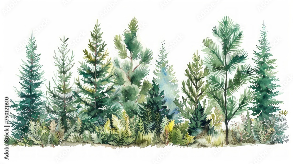 Lush Green Fir Tree Forest Watercolor Illustration Generative AI